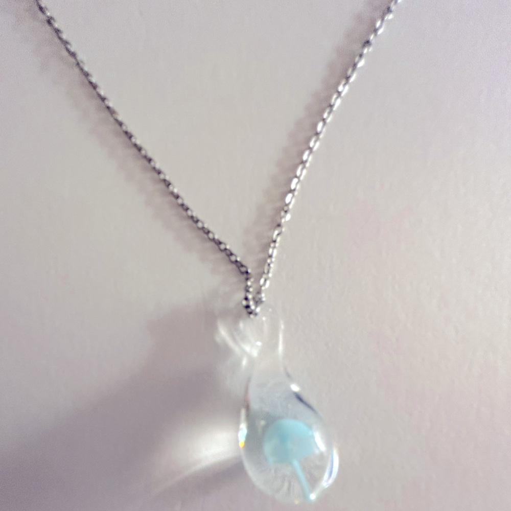 NWOT necklace Baby Blue Mushroom handblown glass 1”  18” silver chain